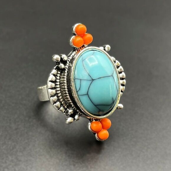 925 Sterling Silver with Turquoise and Enamel Boho Statement Ring Size 8 - Picture 7 of 9